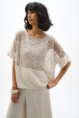 Joseph Ribkoff Sequined Mesh and Gauze Boxy Top