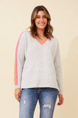 Caroline Morgan V-Neck Contrast Stripe Jumper