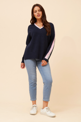 Caroline Morgan V-Neck Contrast Stripe Jumper
