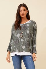 Bottega Printed Layered Top with Necklace