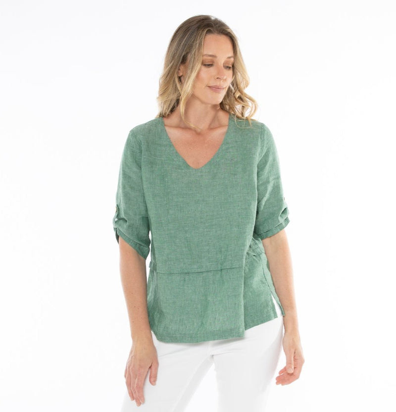 Jump V-Neck Tab Sleeve Top