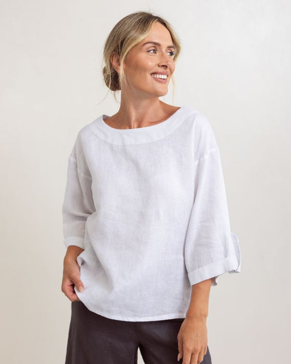 See Saw 100% Linen 3/4 Slve Side Split Top