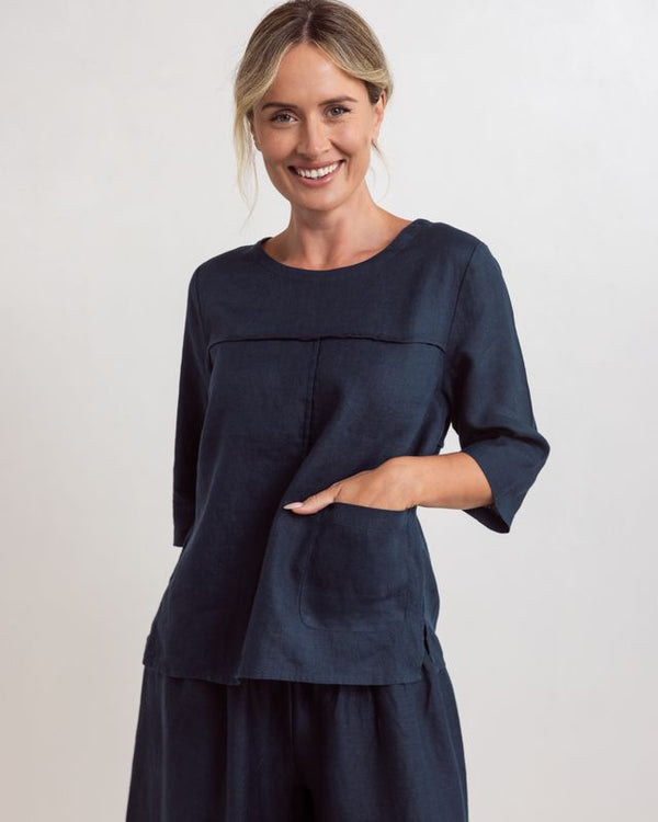 See Saw 100% Linen 3/4 Slve Seam Top