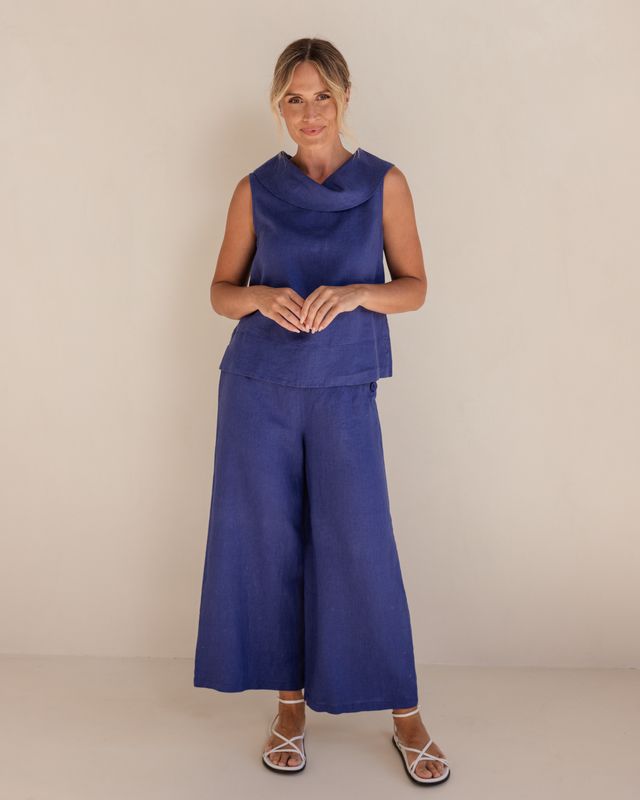 See Saw 100% Linen Button Back Cowl Neck Top