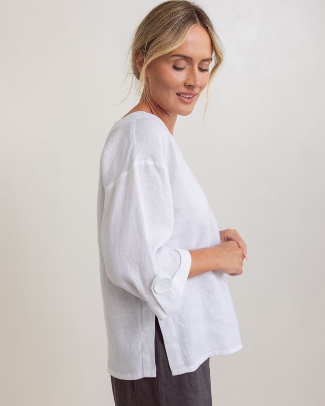 See Saw 100% Linen 3/4 Slve Side Split Top