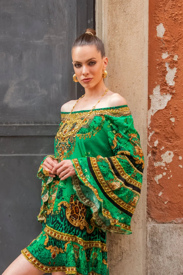 Czarina Emerald Leopardess Frill Dress