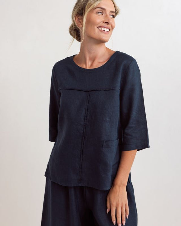See Saw 100% Linen 3/4 Slve Seam Top