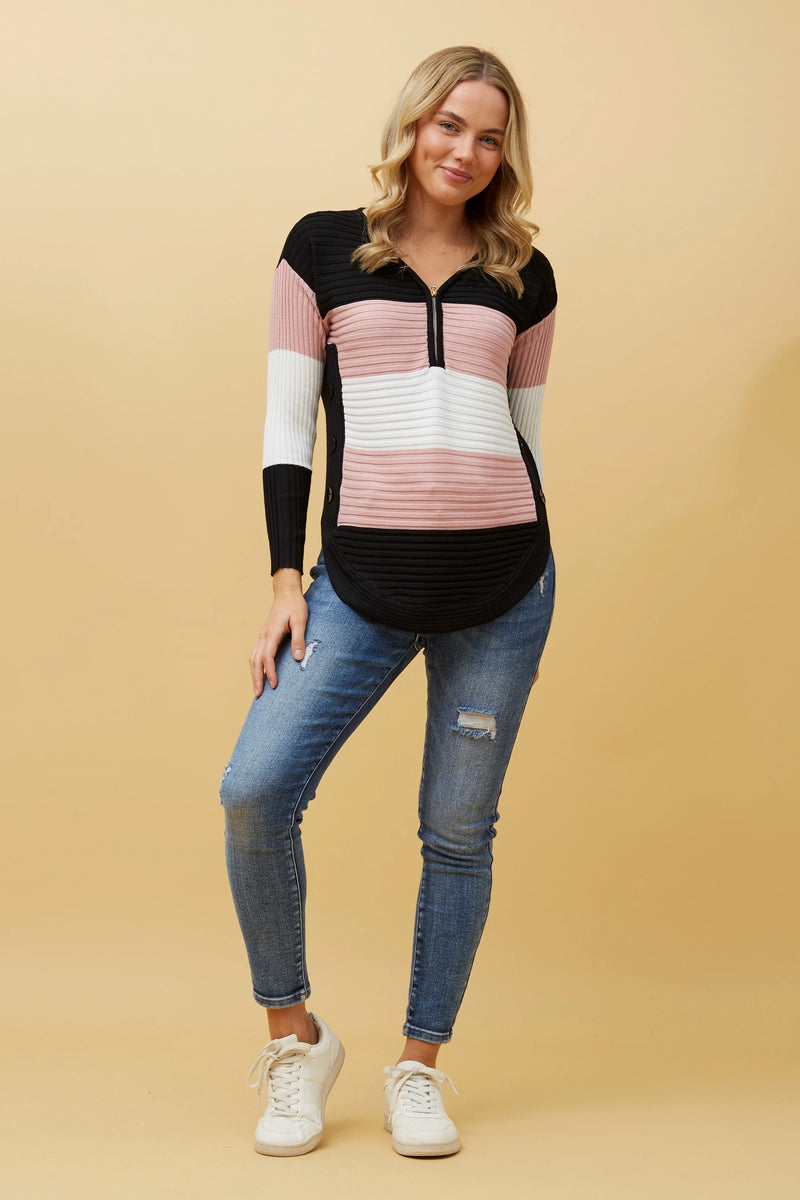 Caroline Morgan Zip Front Colour Block Jumper