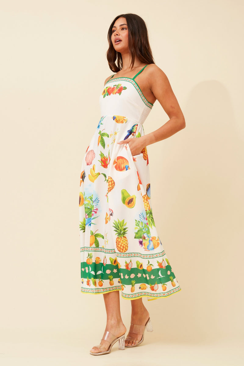 Caroline Morgan Strappy Fruit Print Midi Dress