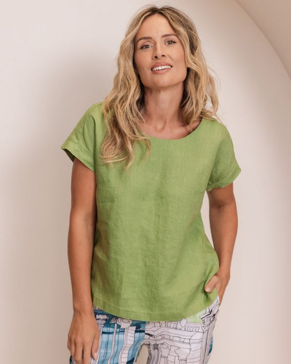 See Saw 100% Linen Cap Sleeve Button Back Top
