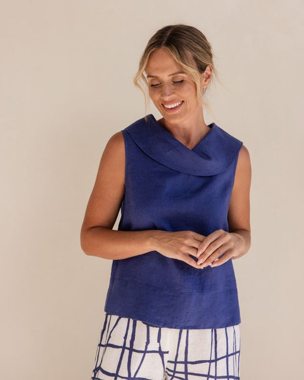 See Saw 100% Linen Button Back Cowl Neck Top