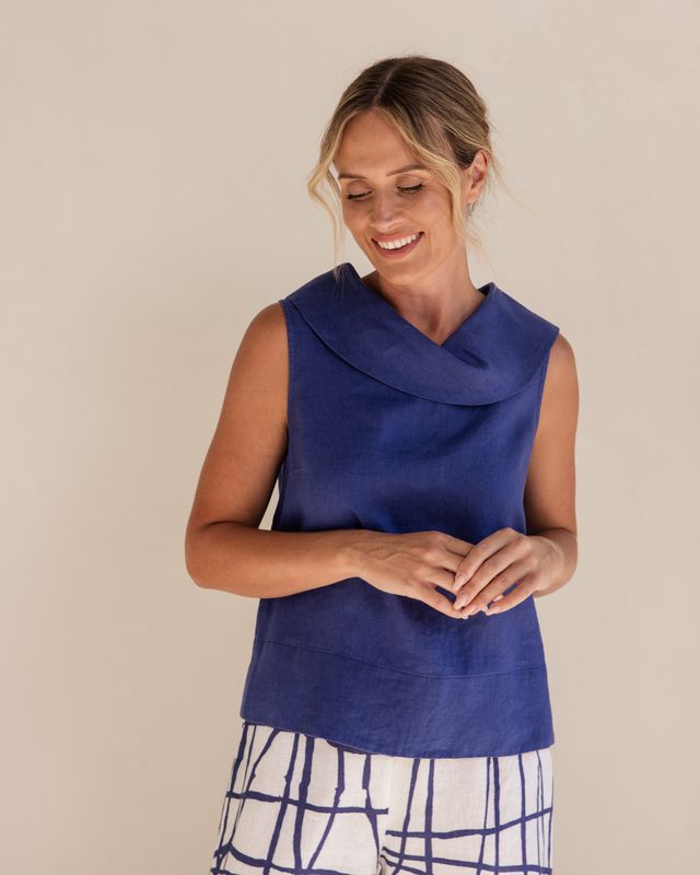 See Saw 100% Linen Button Back Cowl Neck Top